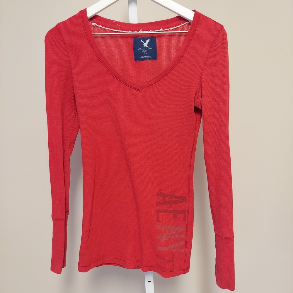 American Eagle Y2K Long Sleeve Thermal V‎ Neck Top Medium FLAWS Logo